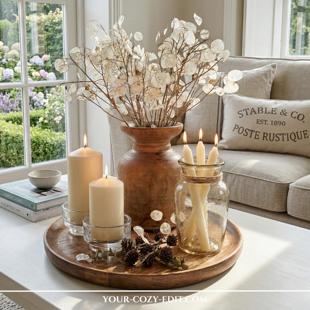 Round wooden coffee table tray styled with a bulbous wood vase, dried Lunaria (silver dollar plant), and various cream-colored candles.