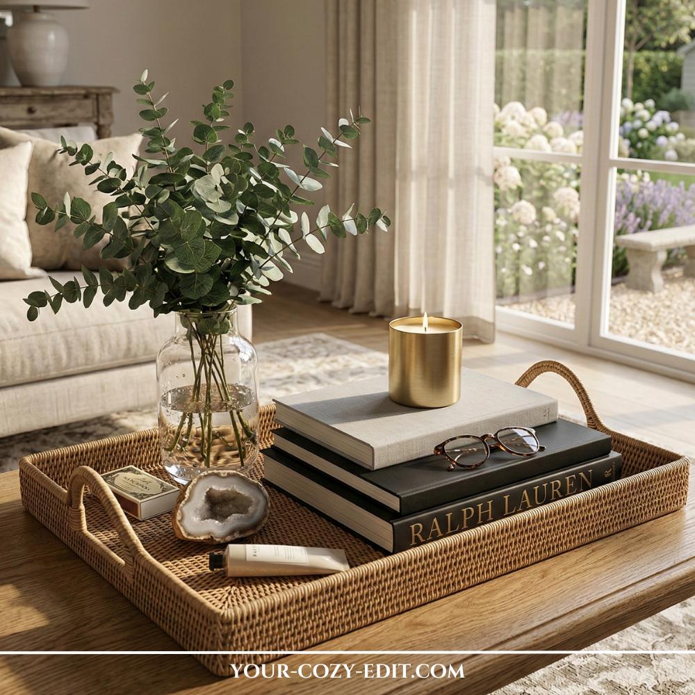 Rectangular rattan tray with handles on a coffee table styled with eucalyptus in a glass vase, Ralph Lauren books, and a gold candle.