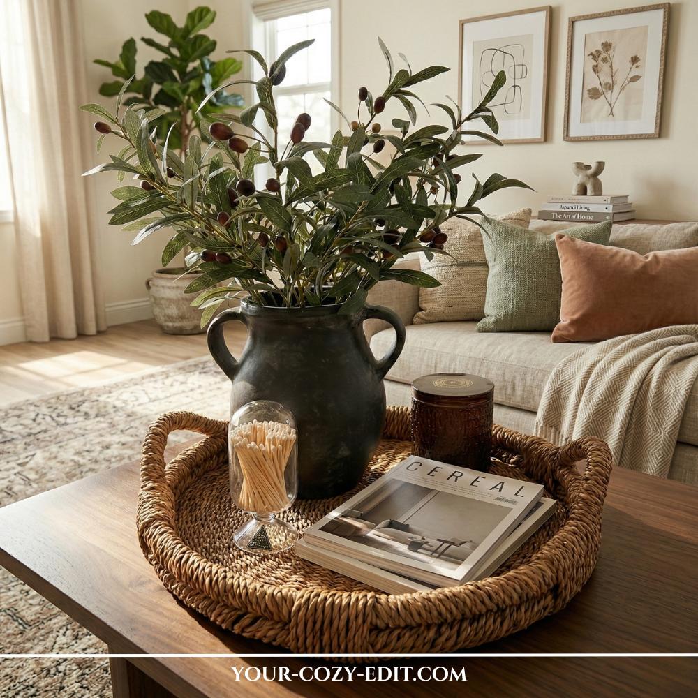 Round woven coffee table tray with a black handle vase, olive branches, and magazines in a Mediterranean style.