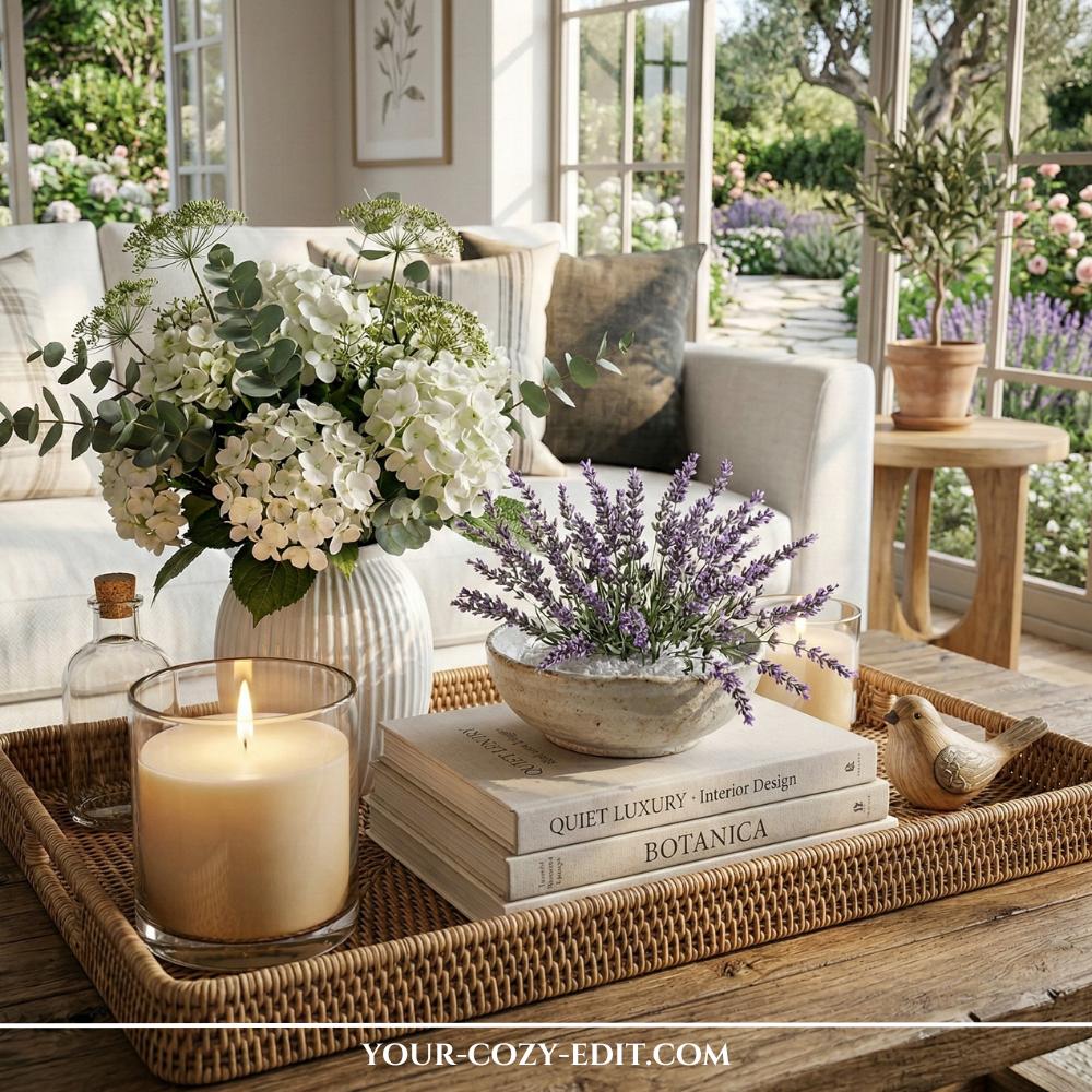 Large rattan coffee table tray styled with lavender in a stone bowl, white hydrangeas, coffee table books, and a large glass candle.