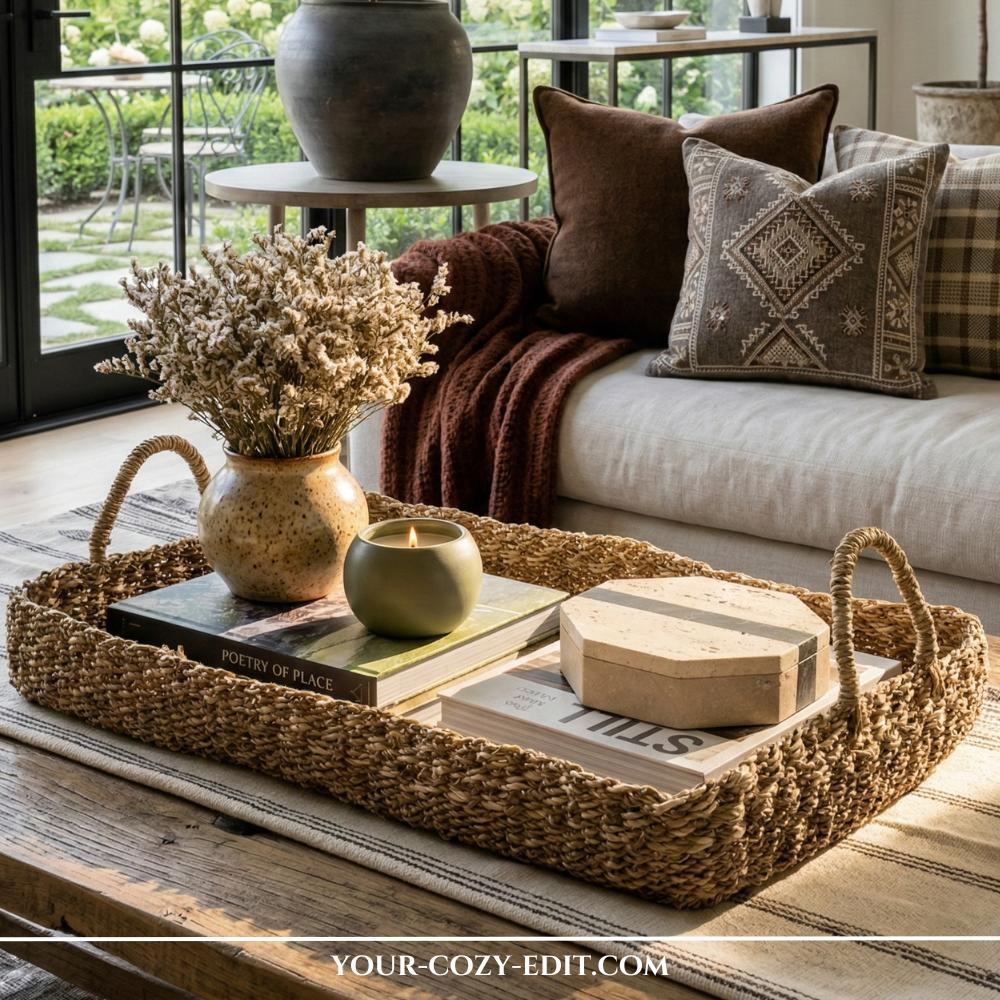 Large woven basket tray with handles on a coffee table styled with dried flowers, a green candle, and a stack of coffee table books.