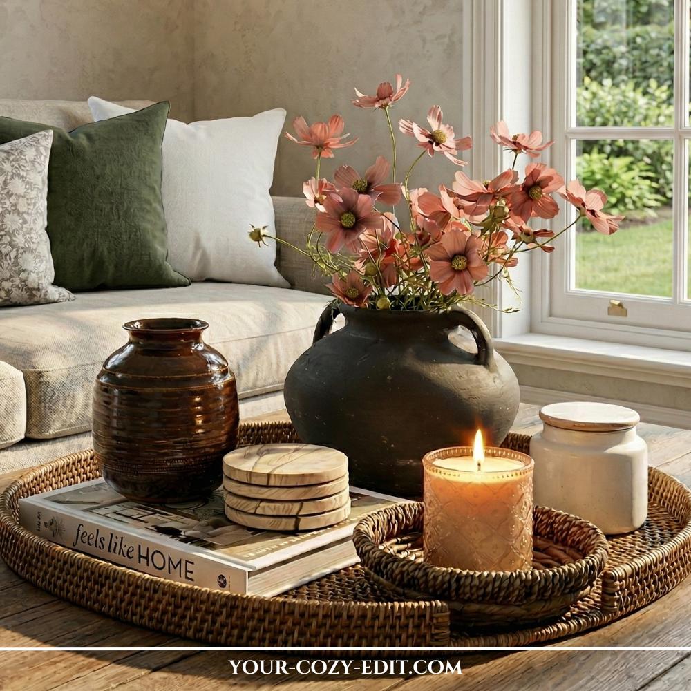 Large round rattan coffee table tray with a smaller nested tray, a dark ceramic vase of salmon-toned flowers, and a candle.