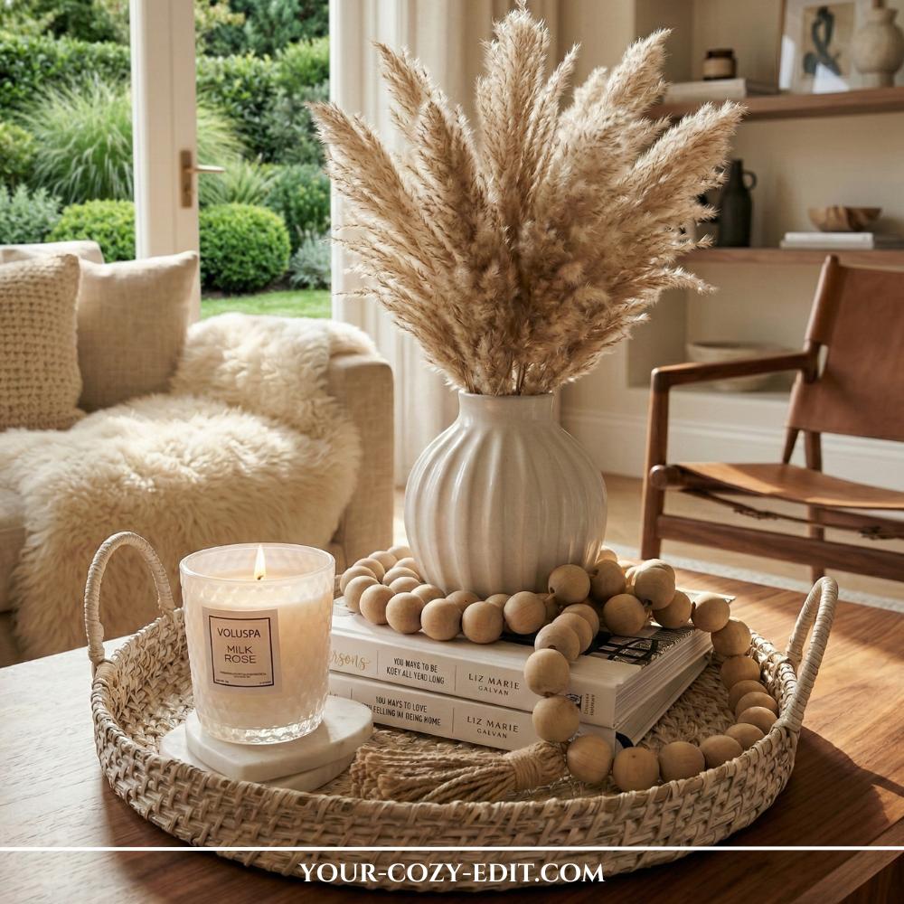 Round light woven coffee table tray with pampas grass in a white vase, a wood bead garland, and a scented candle in a Boho style.