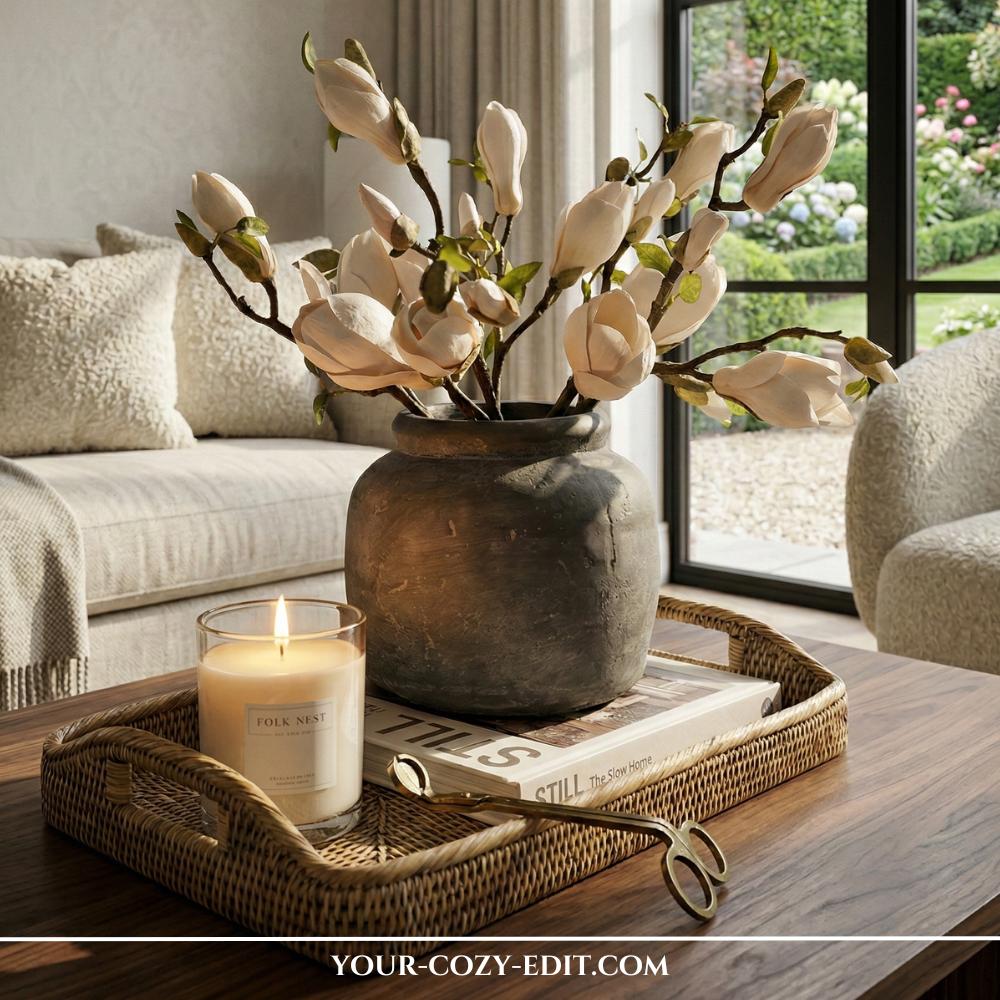 Rectangular rattan coffee table tray styled with large magnolia blossoms in a dark vase, a coffee table book, and a candle.