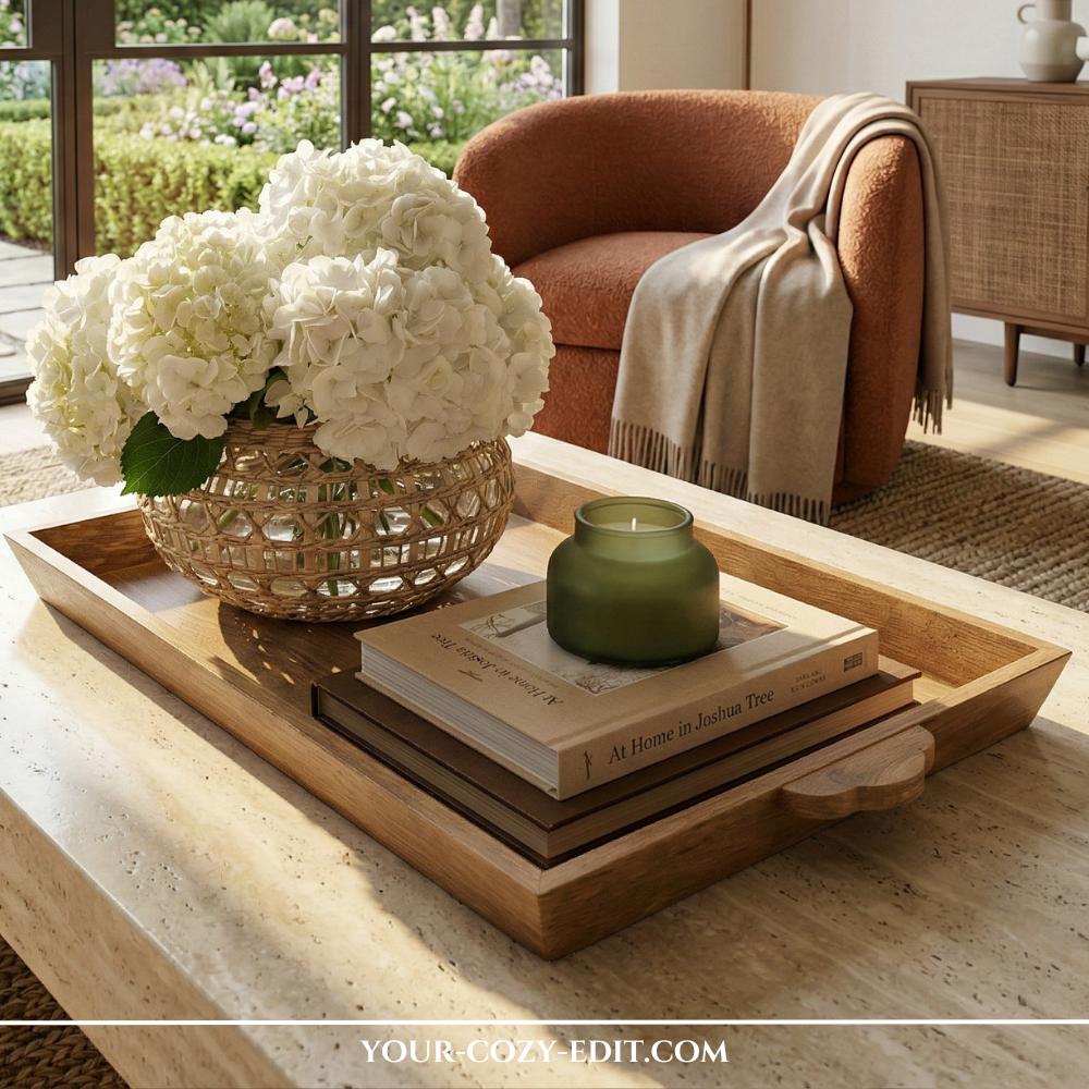 Rectangular wood coffee table tray featuring white hydrangeas in a textured net vase and a green candle on a stack of books on a light stone table.
