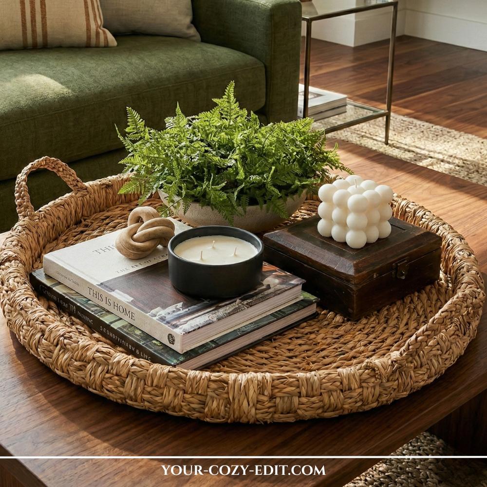 Round rustic woven coffee table tray styled with a green fern, a white bubble candle on a wooden box, and decorative books.