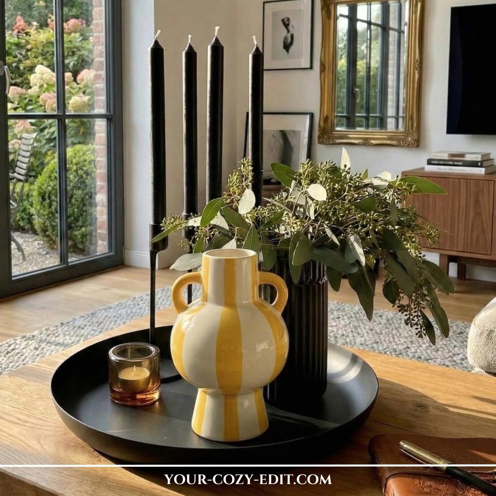 Round black metal coffee table tray styled with black taper candles, a yellow vase, and eucalyptus on a wooden table.