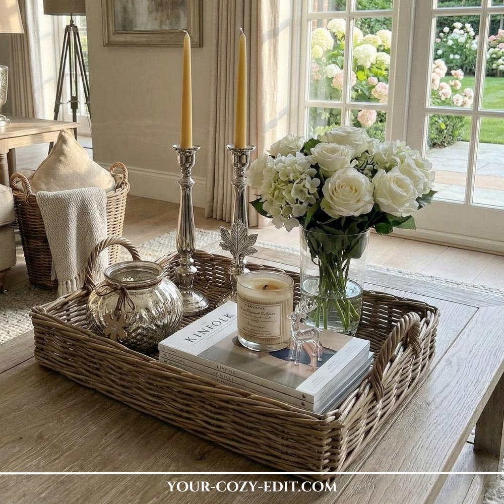 Gray willow coffee table tray styled with silver candlesticks, white roses in a glass vase, and seasonal winter accents.