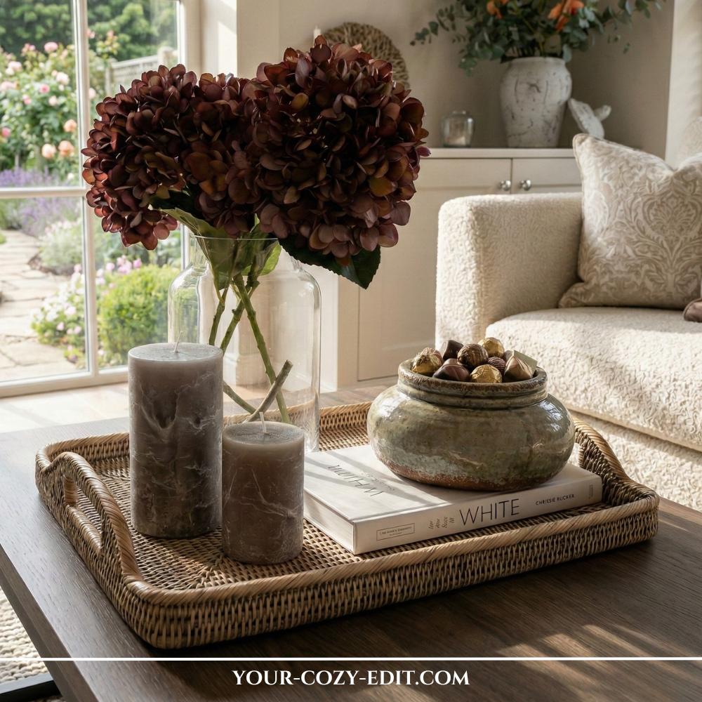 Rectangular rattan tray on a coffee table featuring dark hydrangeas in a glass vase, gray pillar candles, and a bowl of chocolates on a decorative book.