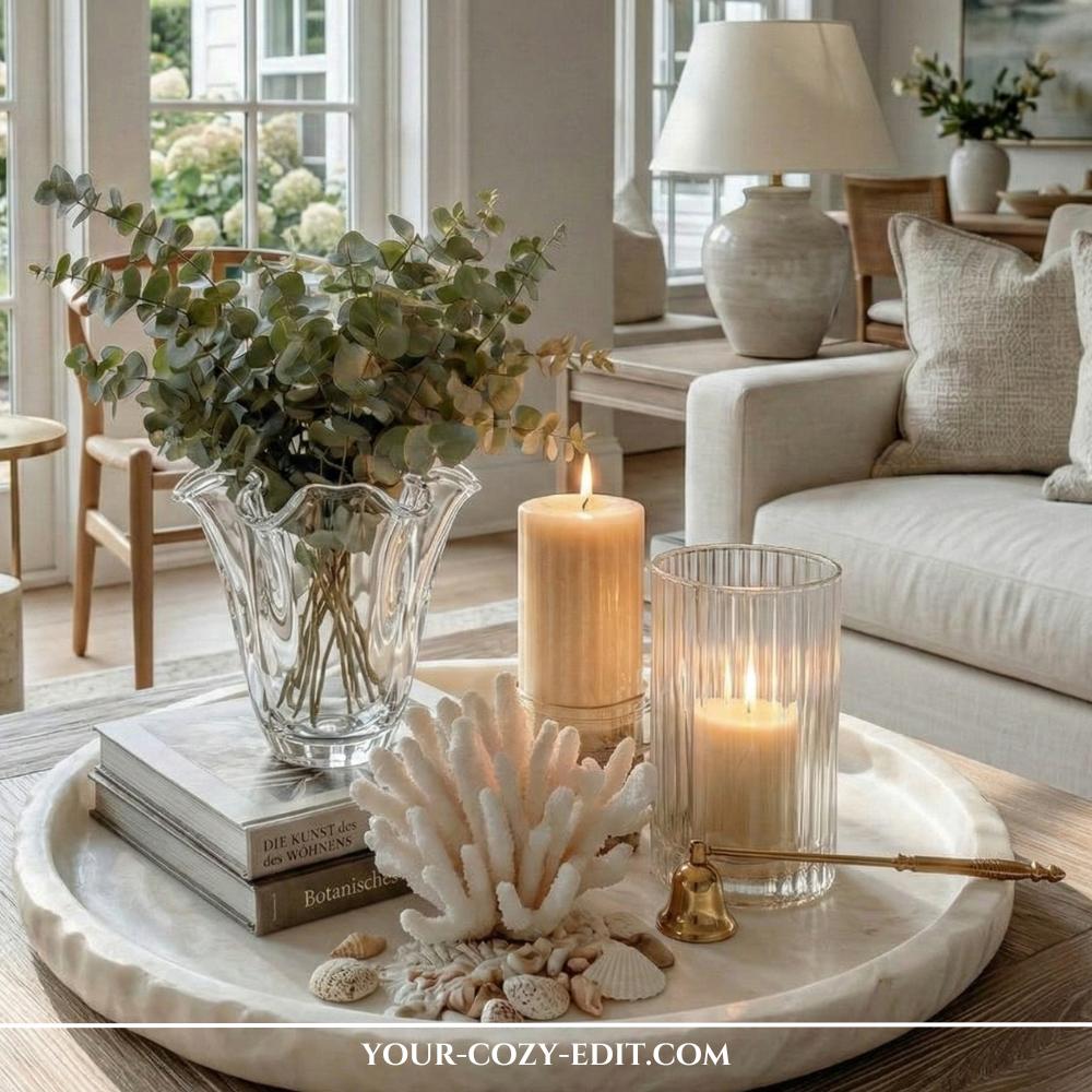 Textured white coffee table tray featuring a large coral sculpture, eucalyptus in a glass vase, and candles on a wooden table.