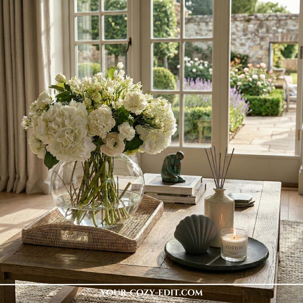 Coffee table tray decor featuring a rectangular rattan tray, a large round glass vase with white hydrangeas, and a dark decorative plate with a candle and seashell