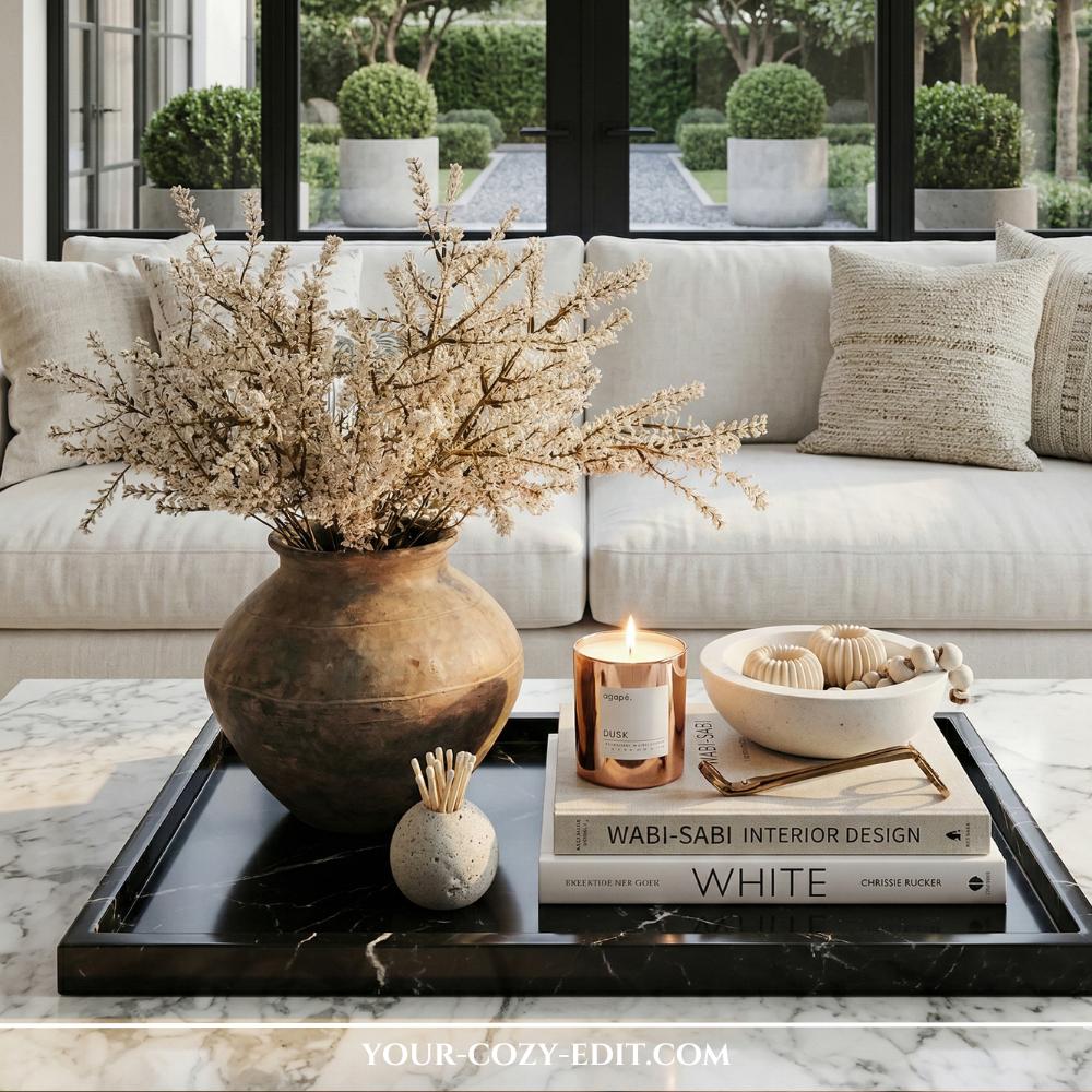 Black marble coffee table tray with Wabi-Sabi decor, a large brown ceramic vase, and a candle atop a stack of books.