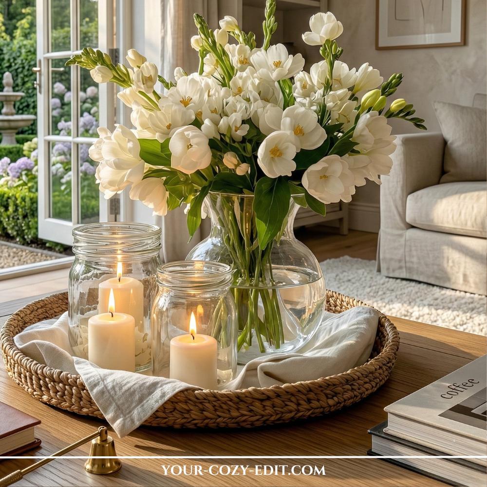 Round woven tray decor on a wood coffee table featuring white flowers in a glass vase and a cluster of candles.