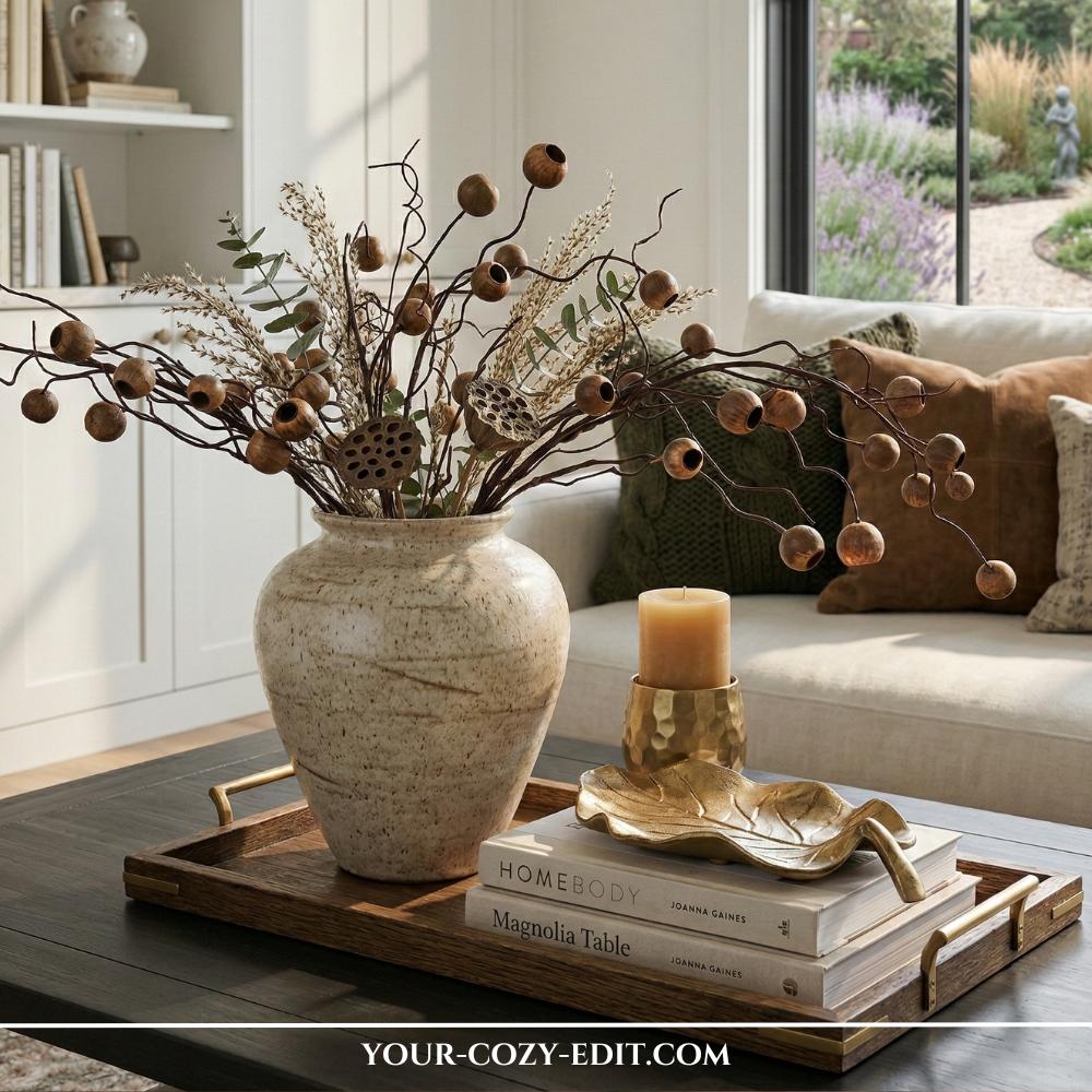 Rectangular wood tray with gold handles on a dark coffee table, featuring a large ceramic vase with natural branches, stacked books, and a gold decorative bowl.