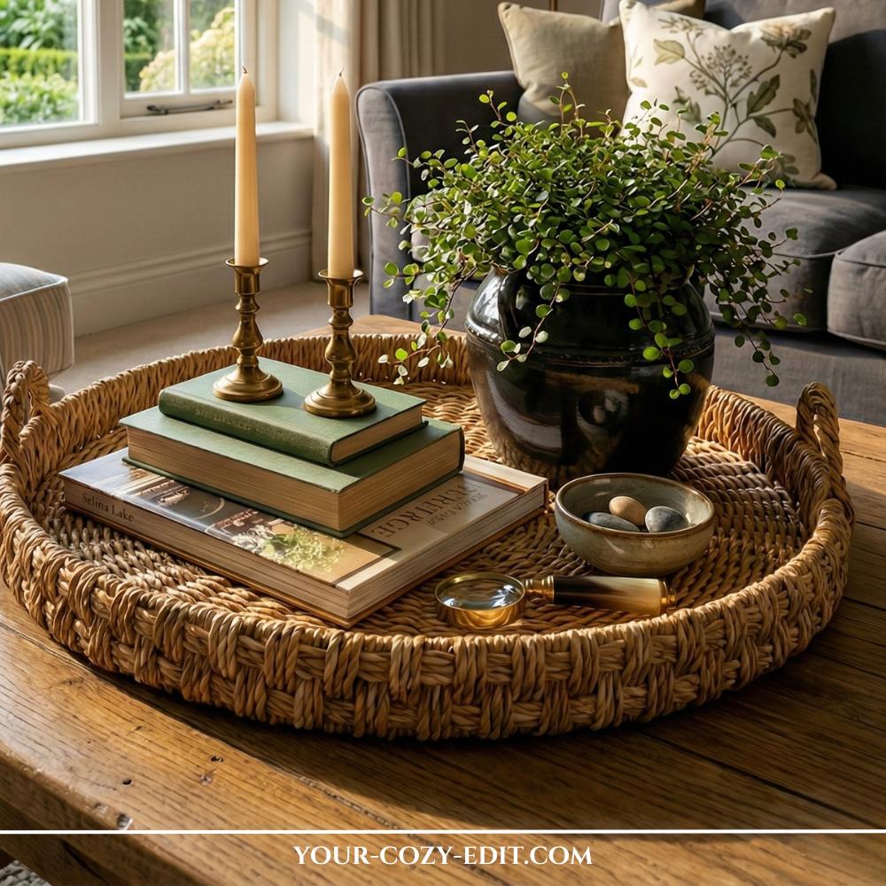 Textured white coffee table tray featuring a large coral sculpture, eucalyptus in a glass vase, and candles on a wooden table.
