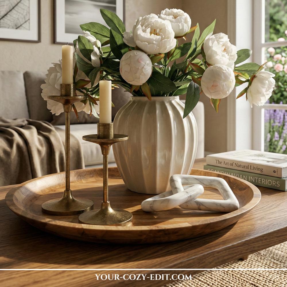 Round wooden coffee table tray in a modern Scandi style with a white ribbed vase of peonies and gold candlesticks.