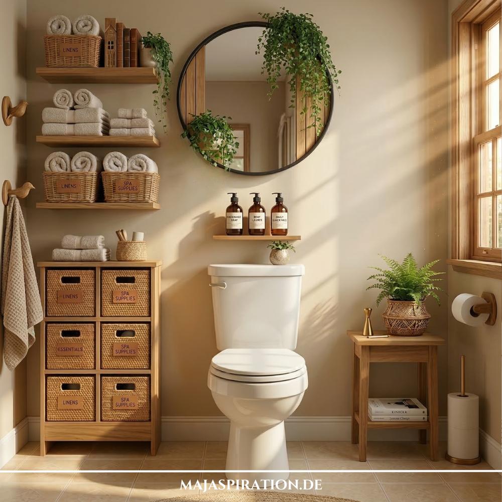 A cozy, organized powder room features soft flax yellow walls and a large round black-framed mirror. Wooden floating shelves and a matching floor cabinet are neatly styled with wicker baskets labeled for linens and spa supplies. Lush trailing plants and a small fern add a fresh, organic touch alongside matte black hardware and warm wood accents. The space is bathed in soft natural light, creating a serene and modern "Warm Minimalism" aesthetic.