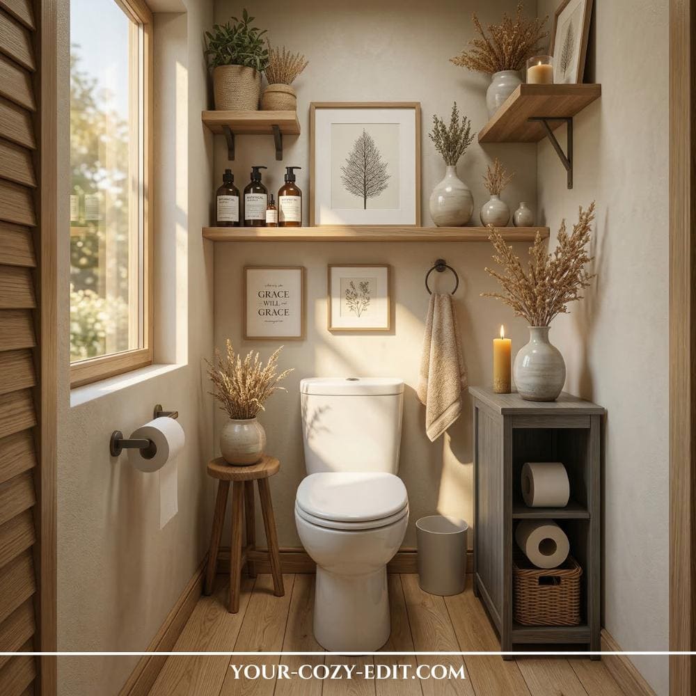 This minimalist white powder room is cleverly organized with several light-wood floating shelves and a slim gray corner storage unit. The shelves are beautifully styled with apothecary glass bottles, small potted plants, dried wheat arrangements, and framed botanical art. Soft natural light streams in from a window with wooden shutters, highlighting the warm wood floors and the clean lines of the white toilet. A lit candle and curated decor pieces create a serene, spa-like atmosphere in this perfectly maximized small space.