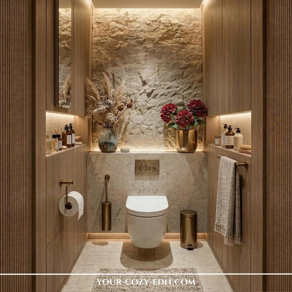 This ultra-luxurious powder room features vertical oak paneling on the side walls and a stunning rough-cut stone accent wall as a backdrop for a modern white toilet. Warm indirect LED lighting is hidden under the side ledges and along the ceiling, casting a soft glow that emphasizes the natural textures of the stone. Polished brass accents, including the flush plate and accessories, complement the warm wood tones and elegant floral arrangements of red hydrangeas and dried pampas grass. The overall design creates a sophisticated, atmospheric retreat through the expert use of light and organic materials.