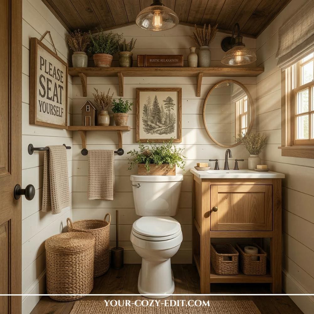 This cozy powder room features horizontal white shiplap walls and a rustic wood-planked ceiling that creates a warm, cabin-inspired atmosphere. A wooden vanity with a white sink and vintage-style black faucet is centered below a round wood-framed mirror and industrial glass pendant lights. The space is styled with woven baskets, various potted plants, and a framed "Please Seat Yourself" sign, perfectly blending modern farmhouse charm with industrial accents. Soft natural light flows in from a side window, highlighting the earthy tones and natural textures found throughout the room.