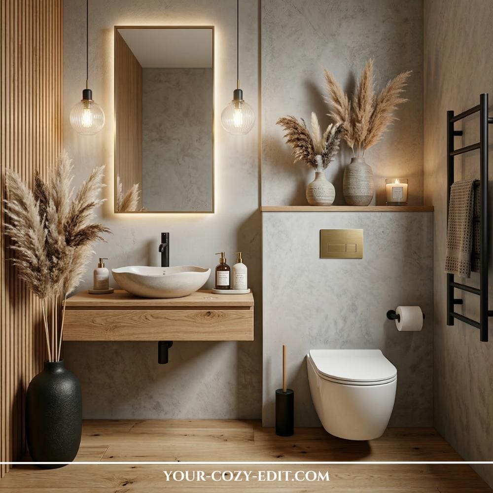 This serene, organic modern powder room features textured concrete-style walls, warm vertical wood slats, and a floating oak vanity with a stone vessel sink. A backlit gold-framed mirror is complemented by two asymmetrical glass globe pendants with matte black hardware, creating a soft and sophisticated glow. Luxurious gold accents, like the flush plate, contrast beautifully with black fixtures and large, airy pampas grass arrangements in textured vases. The overall design blends minimalist lines with natural elements to create a tranquil, high-end spa retreat.