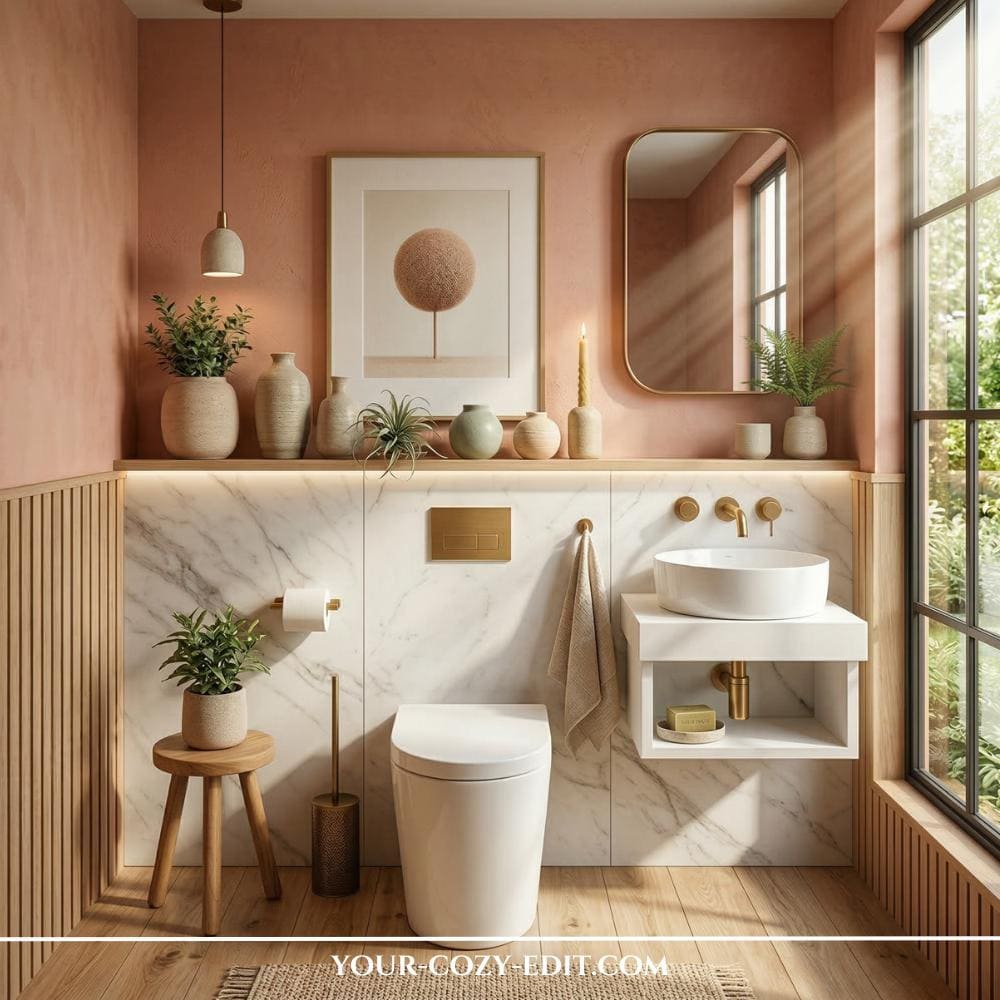 A sophisticated powder room features muted dusty rose walls and a white marble backsplash paired with light wood vertical paneling. A white vessel sink sits on a minimalist floating vanity with elegant gold fixtures, while a gold-framed rectangular mirror reflects natural light from a large window. The space is thoughtfully styled with earthy ceramic vases, small plants, and a wooden stool, creating a warm, spa-like atmosphere. The combination of organic textures and soft colors achieves a perfect modern-meets-natural aesthetic.