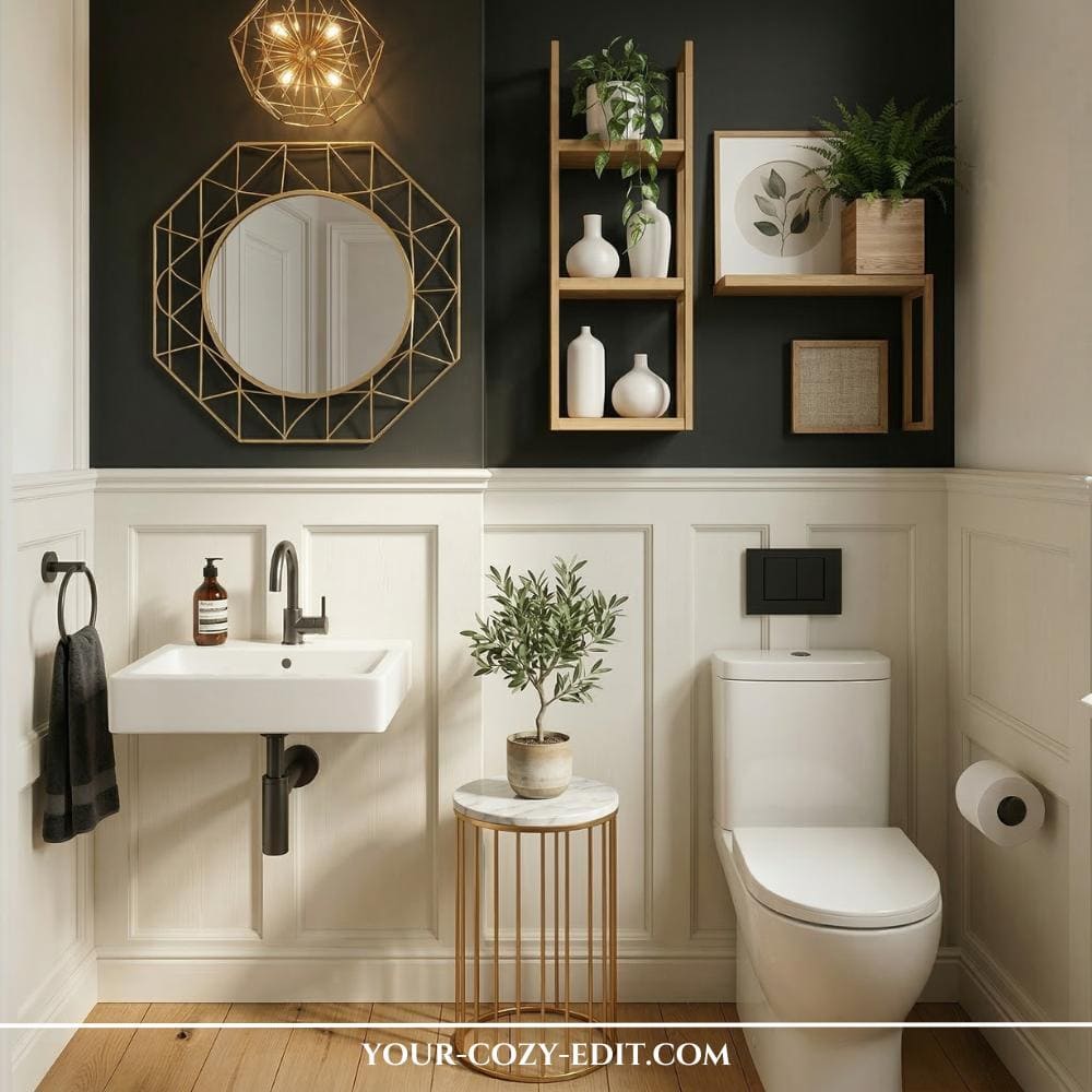 This sophisticated powder room showcases classic white picture frame wainscoting on the lower half, contrasted by a bold matte black upper wall. A luxurious gold geometric mirror and a matching starburst pendant light serve as eye-catching focal points above a minimalist white sink with matte black fixtures. Vertical wooden shelves and a marble-topped gold side table display various plants and white ceramics, adding organic texture to the high-contrast design. The warm wood flooring and natural light create an inviting, modern atmosphere that perfectly balances elegance with botanical charm.