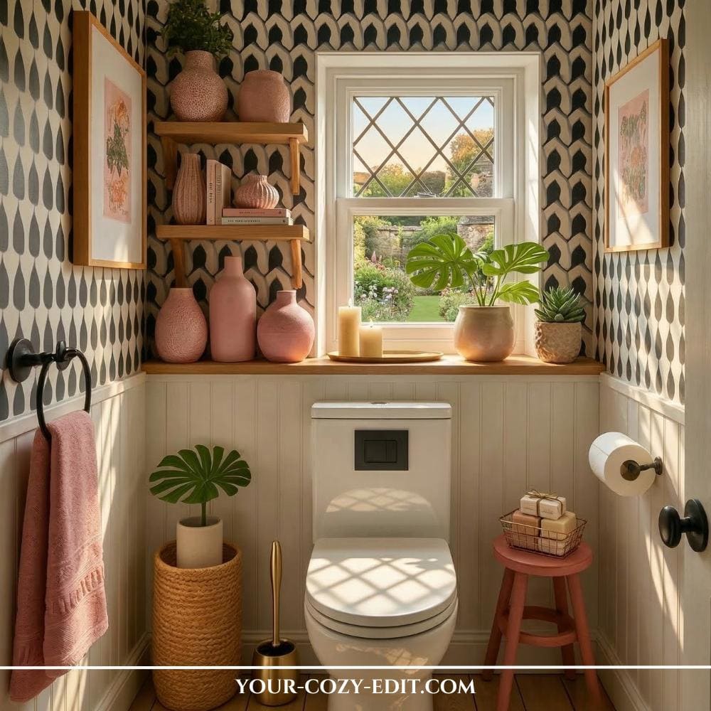A cozy guest bathroom featuring black and white patterned wallpaper with a teardrop design. Wooden shelves and a windowsill are decorated with various matte pink ceramic vases and small plants. Natural elements like a jute basket, a pink wooden stool, and light wood flooring complement the soft accents, creating a warm and stylish atmosphere.