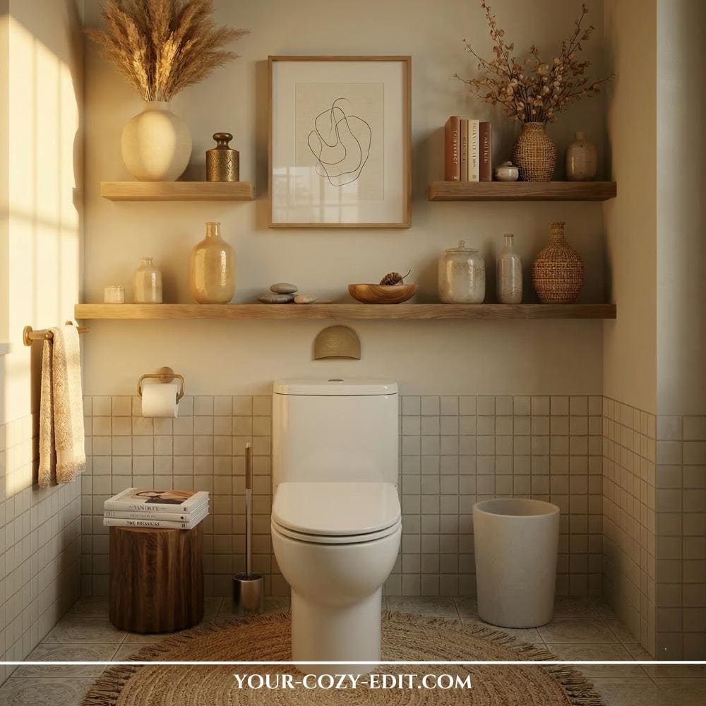 This warm minimalist powder room features cream-colored square tiling and three light wood floating shelves styled with neutral vases, pampas grass, and books. A minimalist line-art print in a wooden frame is centered above the toilet, while a round jute rug adds organic texture to the floor. Sophisticated gold hardware, including the toilet paper holder and towel ring, provides a subtle metallic accent against the neutral palette. The soft, warm lighting highlights the curated decor and natural wood textures, creating a peaceful and sophisticated atmosphere.