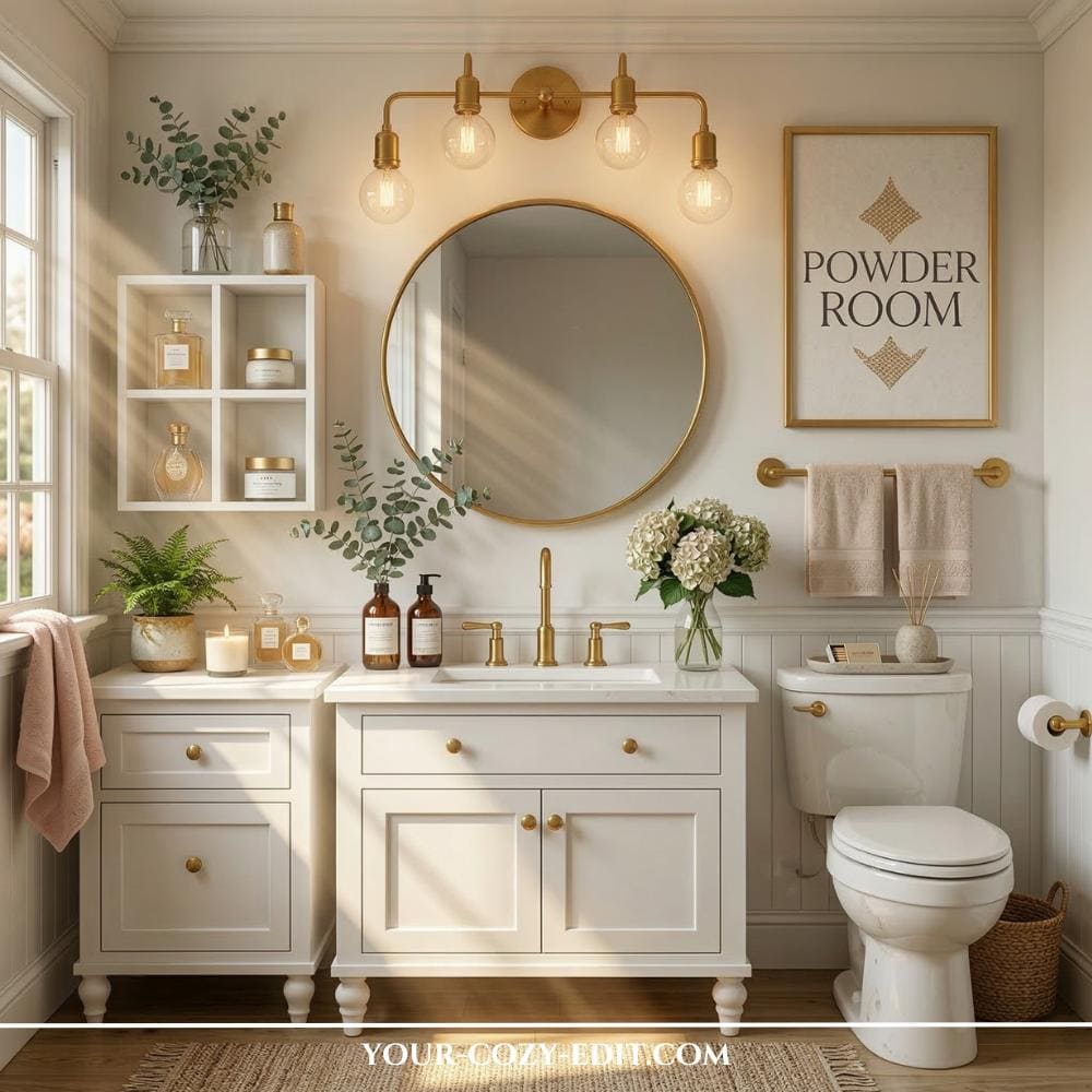 A bright and airy powder room features a white Shaker-style vanity with elegant brushed gold hardware and a matching gold-framed round mirror. Above the mirror, a modern gold vanity light illuminates the space, which is accented by crisp white wainscoting and a framed "Powder Room" art piece. Soft blush-toned towels and fresh greenery provide a sophisticated yet playful touch to the neutral design. The room is completed with a natural jute rug and soft light from a nearby window, blending warm metallic accents with an organic feel.