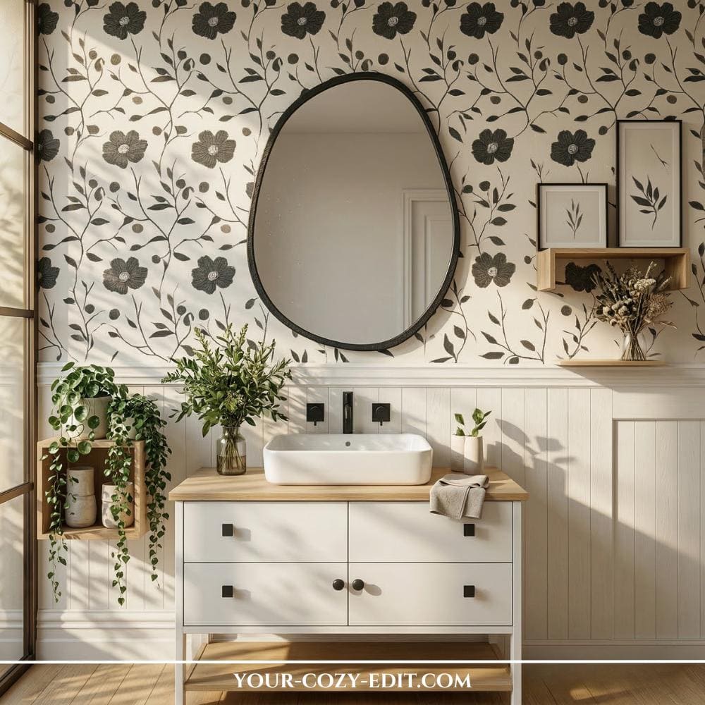 This charming powder room features a bold, geometric mid-century modern-inspired wallpaper on one wall, set against a white brick wainscoting backdrop. A modern white vessel sink sits on a light-wood floating shelf vanity, positioned below a round, thin gold-framed mirror and an elegant brass wall sconce. A second light-wood floating shelf above holds decorative plants and art, while matte black fixtures provide a sharp contrast and a natural woven basket rests on the floor. The entire design masterfully blends retro patterns with modern minimalism, natural textures, and a touch of metallic glam for an eclectic yet inviting retreat.