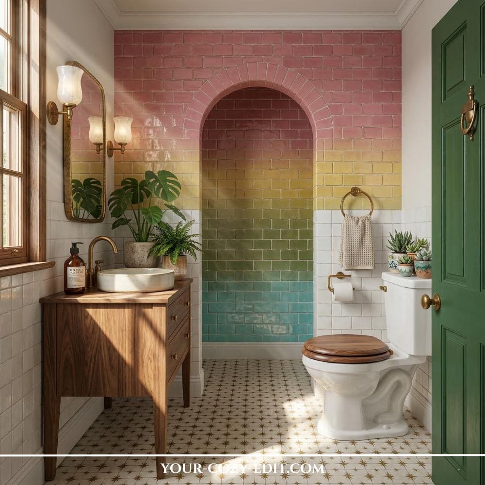 This vibrant powder room features an accent wall with a pastel gradient brick-tile pattern transitioning from pink to yellow, green, and turquoise, centered by an arched niche. To the left, a rustic wooden vanity holds a round vessel sink with a gold faucet and mirror, surrounded by Monstera and fern plants. On the right, a white toilet with a wooden lid and a pastel green door with brass hardware complete the eclectic space, grounded by a patterned tile floor. Natural sunlight casts soft shadows, illuminating the rich textures and botanical details throughout the design.