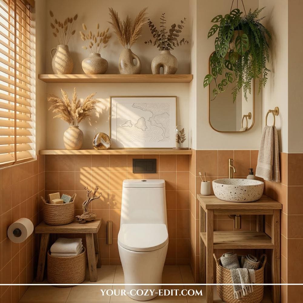 A stylish powder room that features deep teal green subway tiles on the lower half of the walls, contrasted against a crisp white painted upper half. A light wood floating shelf sits exactly at the color divide, holding trailing plants and artisanal soaps. On the white upper wall are a single modern brass and fluted glass sconce and a framed botanical sketch, casting a warm ambiance over a modern white toilet and vessel sink with brass fixtures. The space is grounded by patterned floor tiles and natural light, illustrating how color reversal creates a sophisticated, inviting retreat.