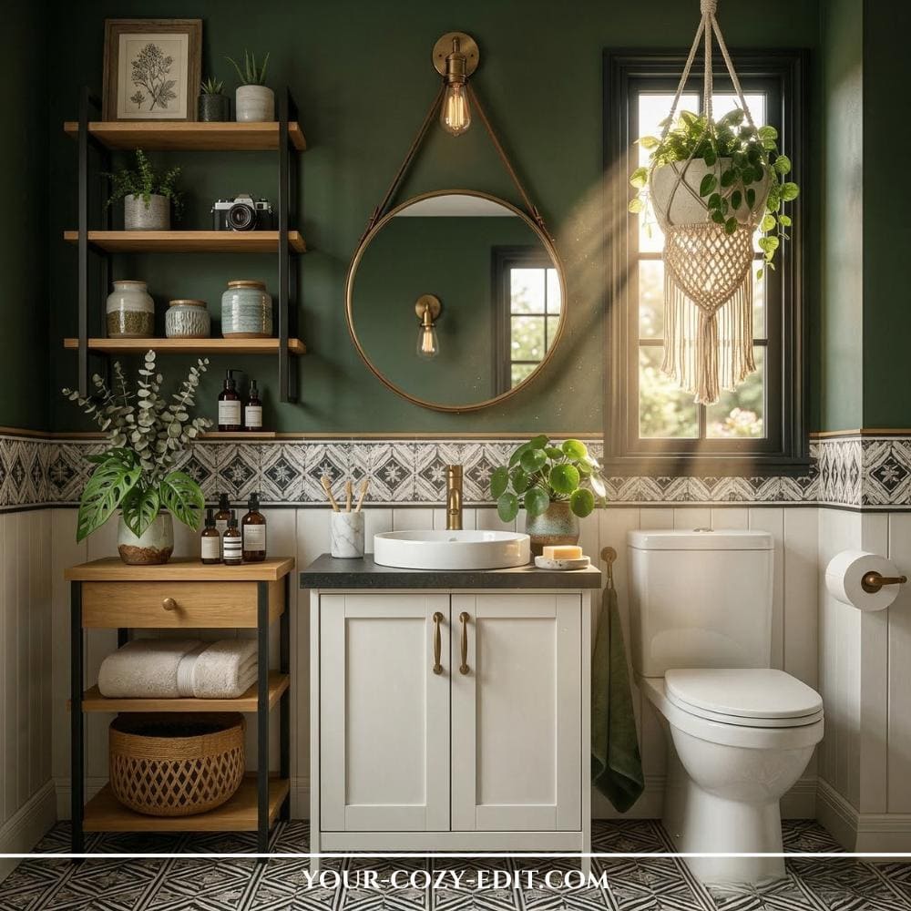 A stylish modern-boho powder room featuring deep forest green upper walls above geometric patterned cement tile wainscoting and crisp white paneling. The center features a round gold-framed mirror hanging from a leather strap, situated above a white vanity with a vessel sink and a brass faucet. An open industrial-style wooden shelf unit holds plants, bottles, and decor, while a natural light-filled window on the right has a macramé plant hanger. Below the window is a modern white toilet, with a matching pattern on the tile floor.