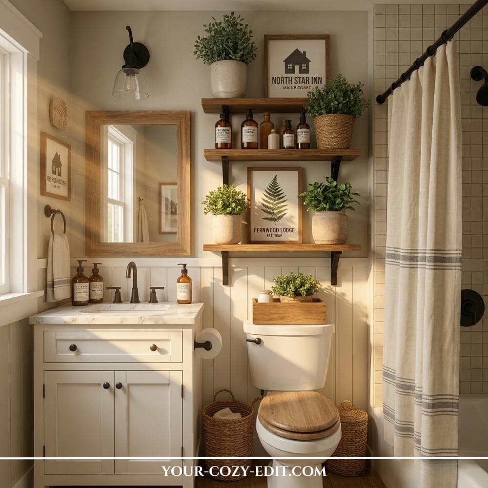 This bright and cozy modern farmhouse bathroom features a white shaker vanity with a marble top, a toilet with a wood seat, and an open shower area. Floating light-wood shelves above the toilet are decorated with potted plants, framed vintage-style signs, and apothecary-style glass bottles. A white subway tile wall forms the back of the shower with a striped linen curtain and black fixtures, while hardwood floors and woven baskets complete the look. Natural sunlight illuminates the space from a side window, highlighting the fresh greenery, warm wood accents, and clean white surfaces.