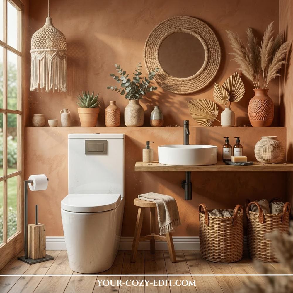 A warm, desert-inspired powder room features textured terracotta walls and a large rope-wrapped circular mirror. A white vessel sink is set on a floating wooden vanity, complemented by a macramé pendant light and a collection of earthy ceramic vases with pampas grass. To the side, a large window lets in soft natural light, highlighting the woven wicker baskets and a small wooden stool. The overall design blends organic Boho-chic decor with modern matte black hardware for a serene, high-end feel.