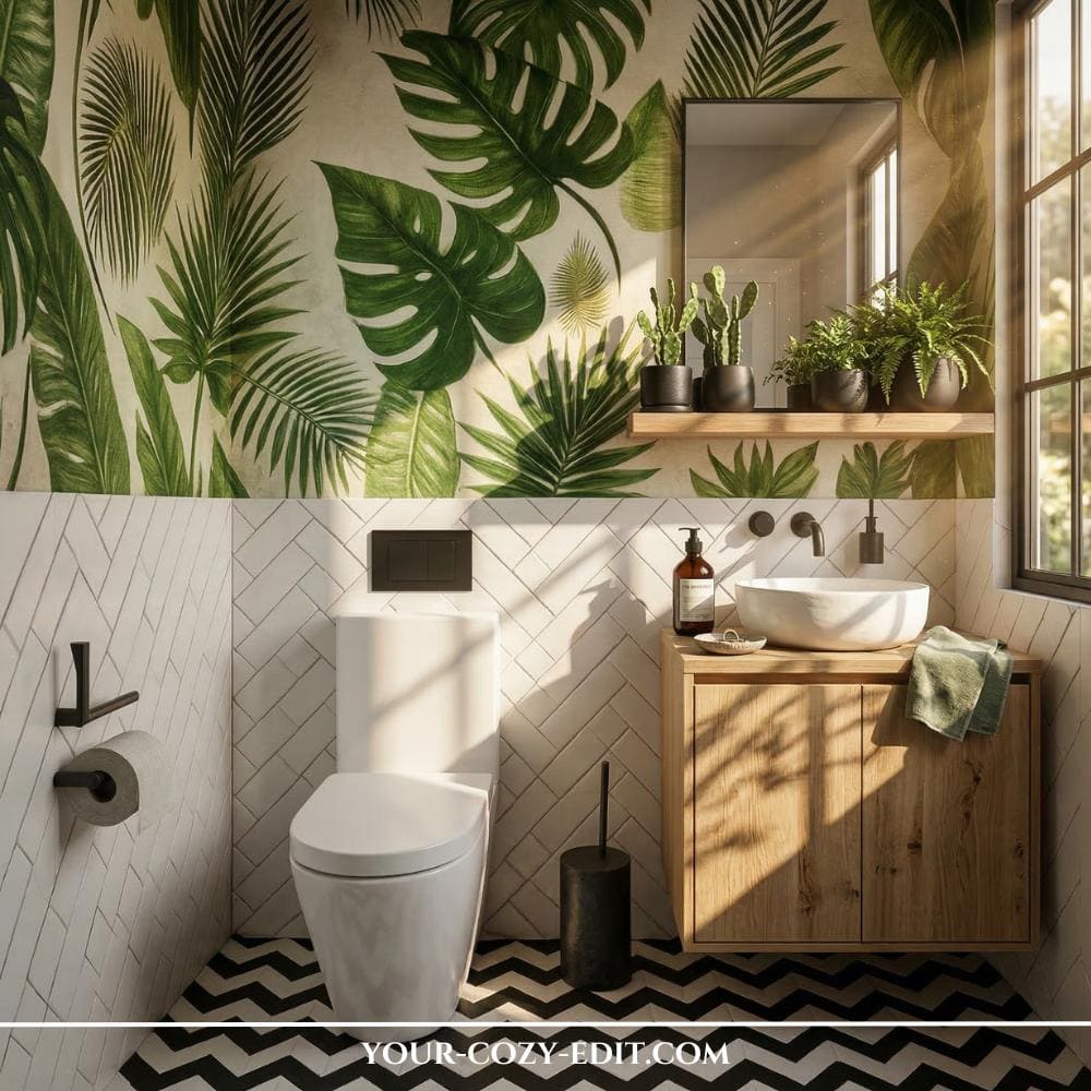 This stylish powder room features vibrant tropical wallpaper with lush green palm and monstera leaves above crisp white herringbone tiles and a bold black-and-white zigzag floor. A floating light-wood vanity with a white vessel sink and minimalist matte black fixtures adds a modern, organic touch, while a wooden shelf displays a variety of small potted cacti and ferns. Natural sunlight pours in through the window, highlighting the rich textures and creating a bright, airy botanical retreat that perfectly balances bold patterns with natural elements.