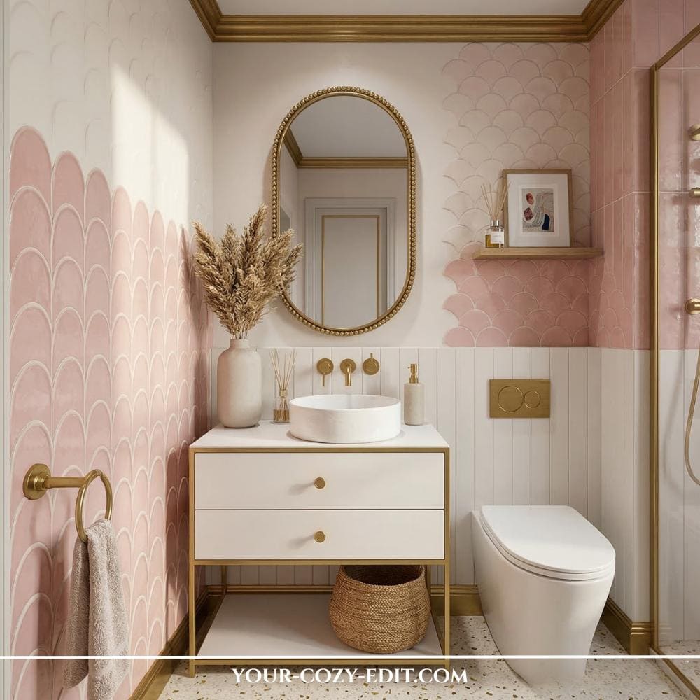 This elegant powder room features soft pink scallop tiles on the upper wall, transitioning into classic white vertical wainscoting for a clean, textured look. A minimalist white vanity with gold trim and a round vessel sink sits beneath an oval beaded gold mirror, reflecting the room's sophisticated design. Luxurious brushed gold fixtures, including the faucet and towel ring, perfectly complement the warm tones of the pampas grass arrangement and the speckled terrazzo-style flooring. The overall atmosphere is bright and airy, blending modern textures with whimsical coastal elements to create a serene and stylish retreat.
