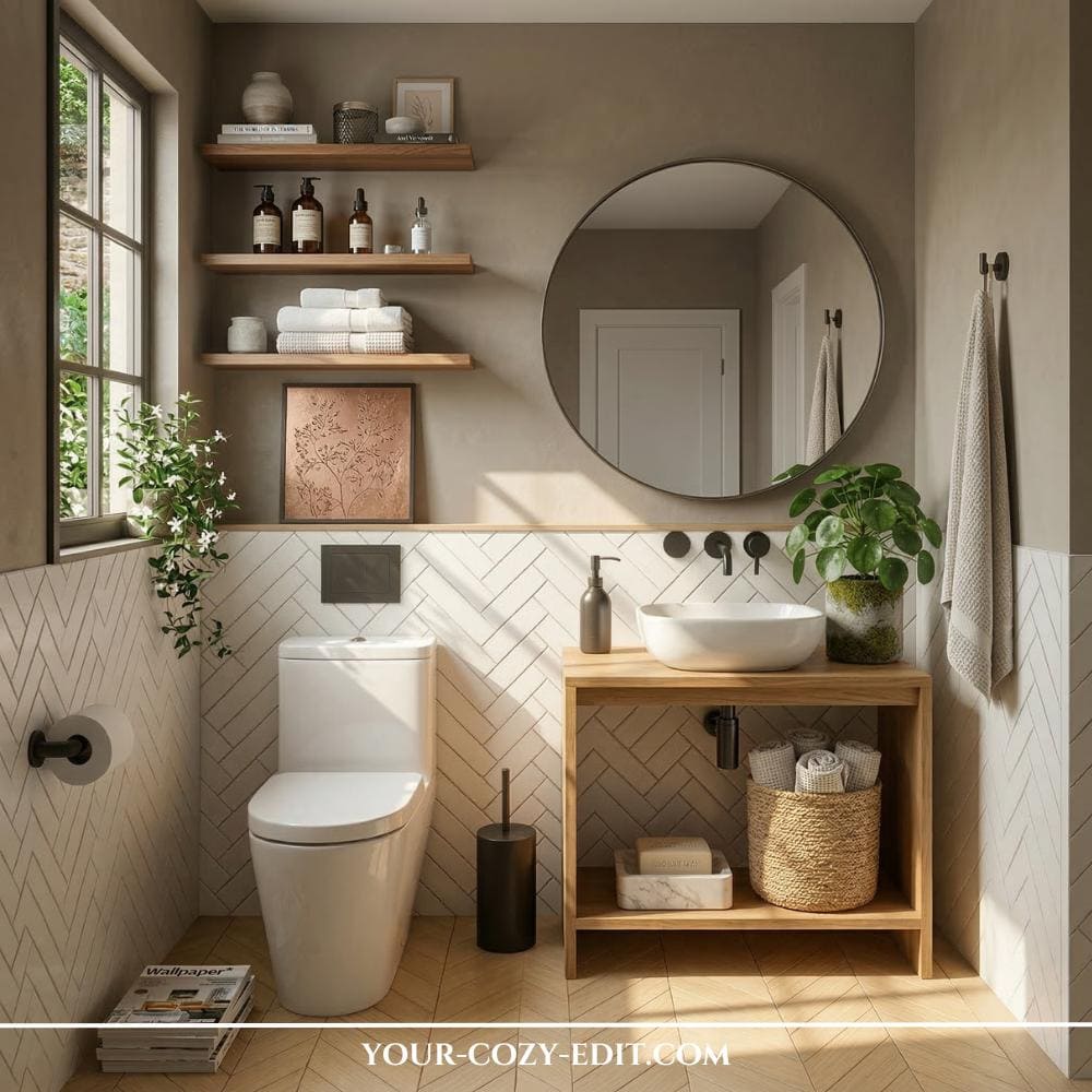 A narrow, modern powder room features taupe walls paired with white herringbone tile wainscoting and warm wood flooring. A large, thin-framed round mirror hangs above a minimalist wooden vanity with a white vessel sink and sleek black wall-mounted fixtures. To the left, three wooden floating shelves are neatly styled with apothecary bottles and towels above a modern white toilet. The room is filled with soft natural light, highlighting the organic textures and the clean, earthy aesthetic.