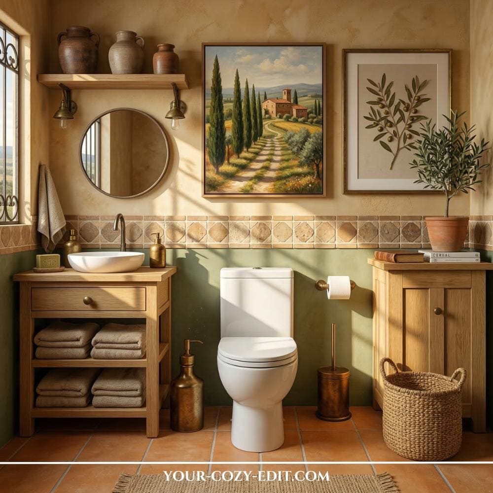 A curated view of a refined powder room featuring deep olive green walls above white beadboard wainscoting and a top-rail shelf. Two framed travel-inspired paintings and a unique split black-metal oval mirror hang above a brass towel bar with striped towels. A tall potted olive tree in an aged terracotta pot sits next to a window framed by cypress trees. On the rich wood floor is a patterned oriental-style runner rug, with a white modern toilet on the left, creating a sophisticated and peaceful space.