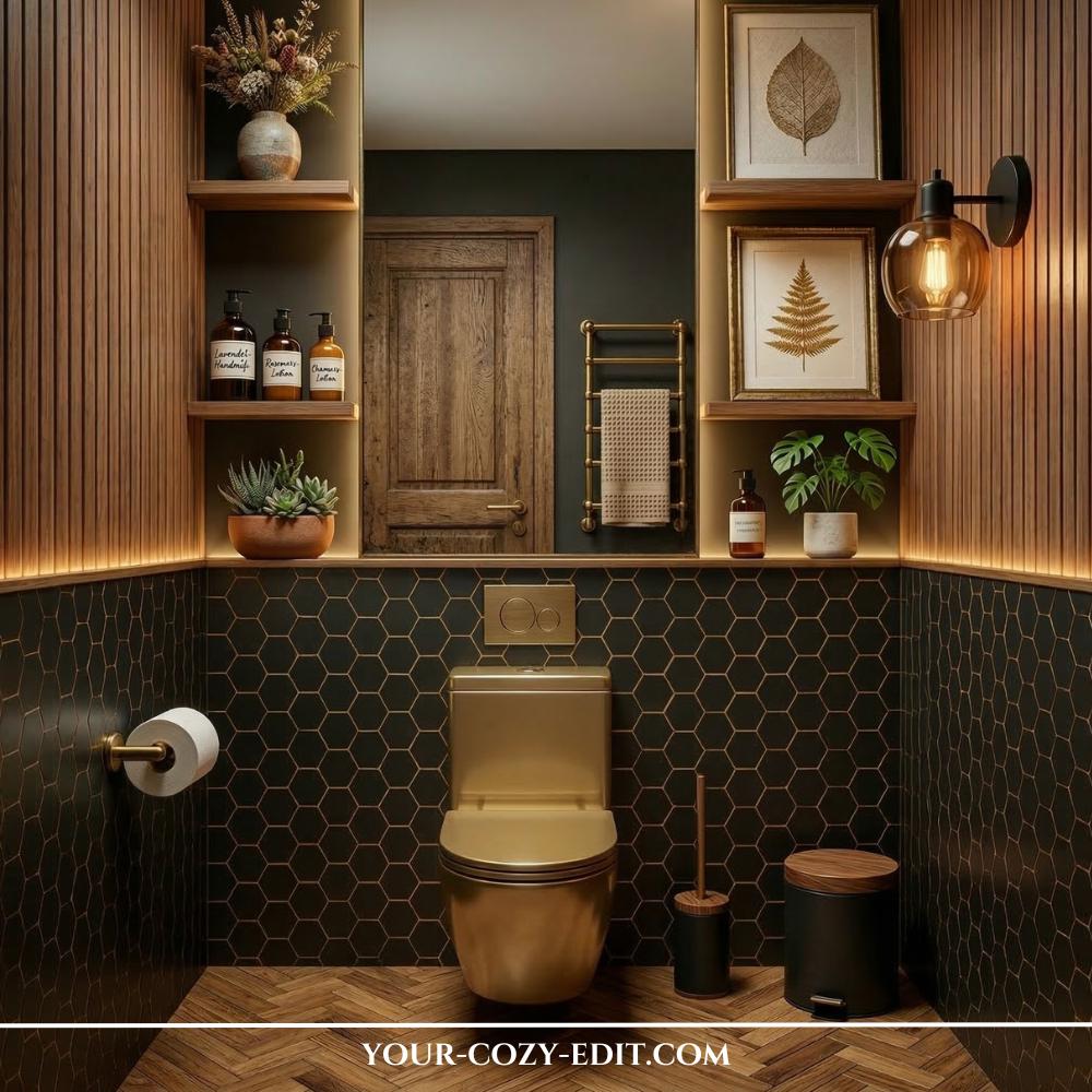 This modern powder room features a striking contrast with black matte hexagon tiles on the lower half of the walls and a crisp white upper half. A minimalist white vessel sink is paired with a light wood floating vanity and elegant brass hardware, creating a high-end, contemporary look. Lush green plants and a warm wood shelf add organic texture, perfectly balancing the bold, monochromatic color palette. The soft lighting and gold-framed mirror complete the sophisticated, airy atmosphere of the space.