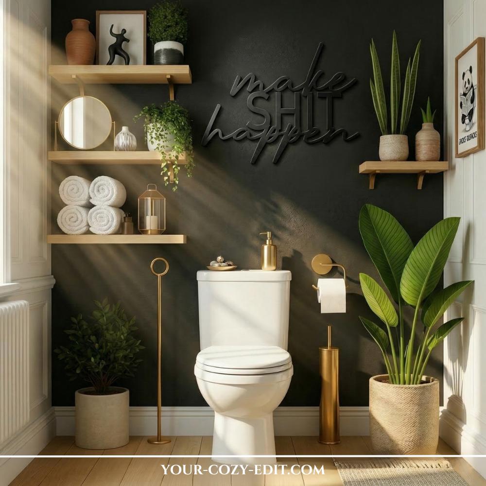This modern powder room features a bold matte black accent wall with the hand-lettered quote "MAKE SHIT HAPPEN" as a focal point. Three light wood floating shelves are styled with white towels, small plants, and brass decor, while a large tropical plant in a woven pot sits on the floor beside the toilet. Elegant brushed gold fixtures, including a toilet paper holder and a sleek toilet brush, add a touch of luxury to the space. Natural sunlight creates soft shadows across the wooden floor and clean white side walls, highlighting the high-contrast, contemporary industrial design.