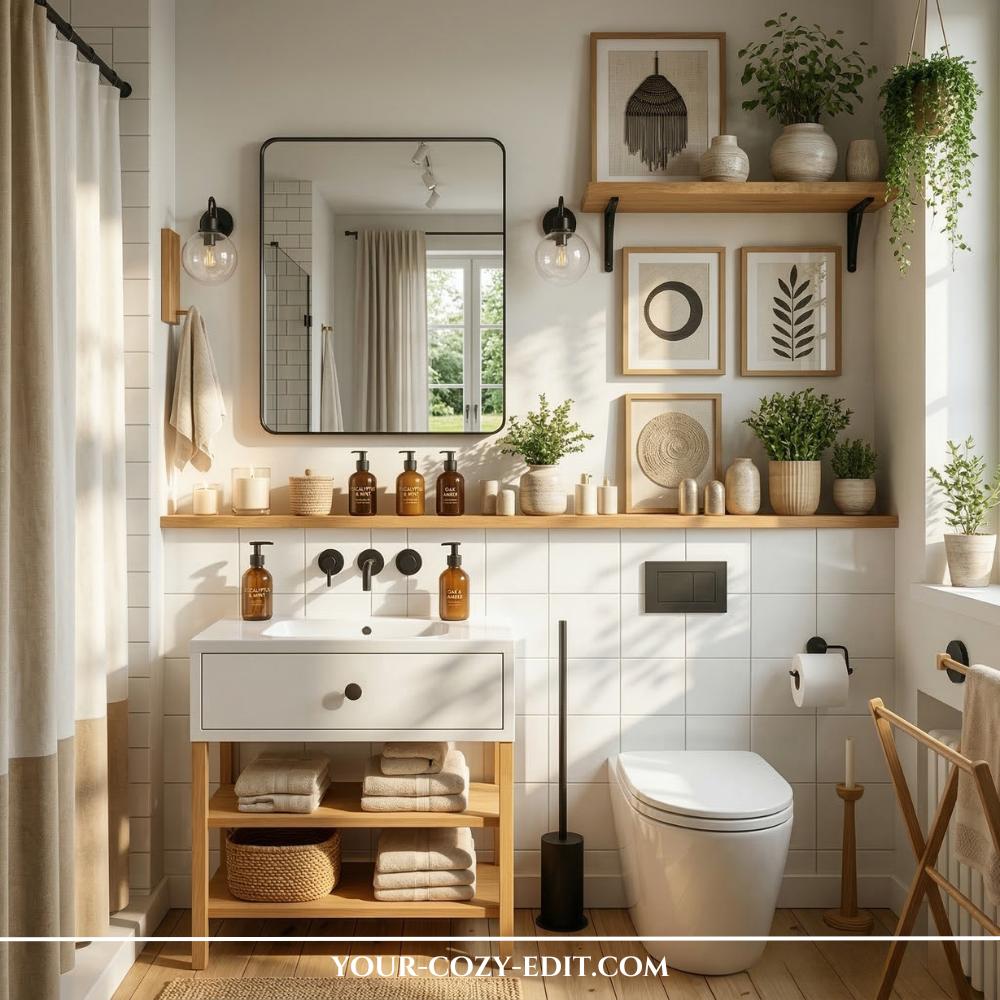 This bright, organic modern powder room features clean white square tiling and a long natural wood ledge that spans across the vanity and toilet. Above, floating wooden shelves are styled with potted plants, neutral ceramics, and framed botanical art, while matte black fixtures and a thin-framed mirror add a contemporary edge. Soft natural light illuminates the space, highlighting the warm wood tones and a neutral-toned linen shower curtain. The overall design creates a peaceful, sun-drenched sanctuary through the expert use of natural materials and minimalist styling.