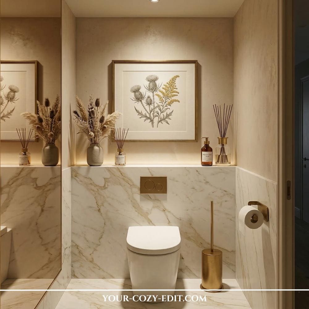 A modern minimalist powder room features deep forest green upper walls above white panel wainscoting with a patterned tile trim. Natural light from a black-framed window illuminates a floating dark counter holding a clean white vessel sink and a wall-mounted brushed gold faucet. A large, simple botanical thistle print in a brass frame hangs above the sink, flanked by a contemporary gold vanity light, and a small floating shelf with minimalist glass bottles. The space is grounded by a sleek wall-hung white toilet and a potted fern on the windowsill, achieving a pristine and sophisticated look.