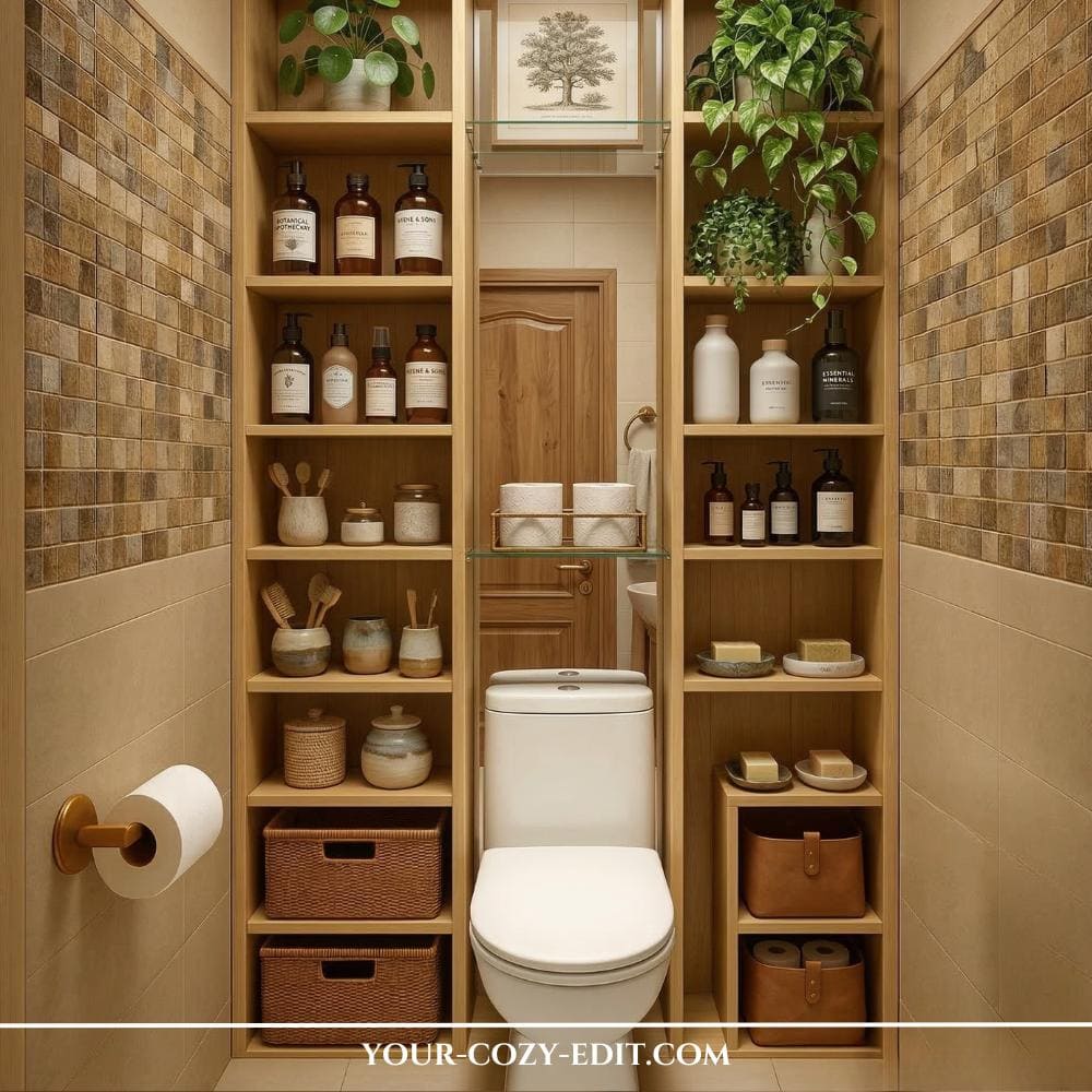 A floor-to-ceiling wooden shelving unit frames a modern white toilet, creating a sleek built-in look against textured stone walls. The shelves are styled with amber glass bottles, lush green plants, and woven storage baskets for a spa-like feel. Soft, warm lighting enhances the organic wood tones and the organized, minimalist aesthetic. This space-saving design perfectly combines natural materials with practical bathroom storage.