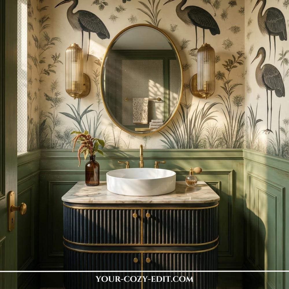 This luxurious powder room features a dramatic heron and marsh grass wallpaper above sophisticated sage green picture frame molding. A dark, fluted vanity with a white marble top and brass accents holds a white vessel sink, positioned beneath an elegant oval gold-framed mirror. Flanking the mirror are two vertical reeded glass sconces with brass hardware that cast a warm, inviting light across the space. The overall aesthetic blends classic European grandeur with modern maximalist design elements.
