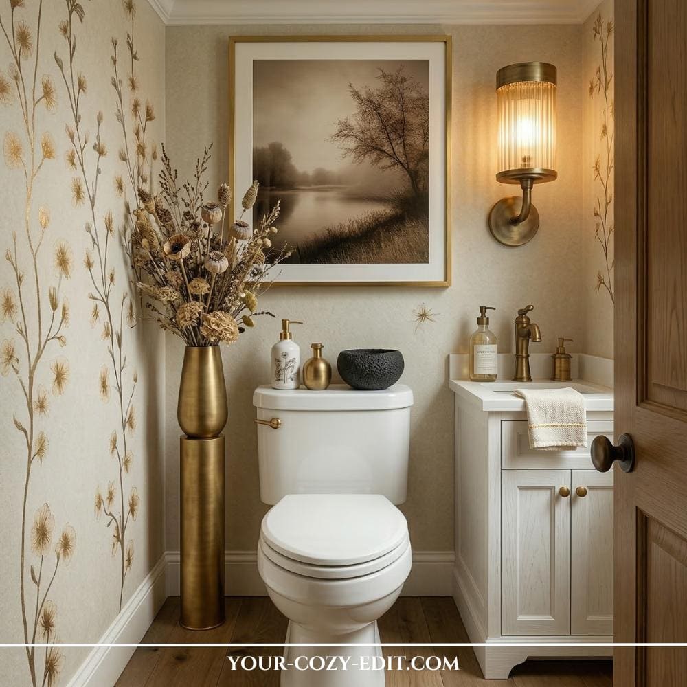 An interior view of a stylish and romantic powder room. The walls are covered in a textured beige wallpaper with a delicate Art Nouveau style golden floral stem pattern. 