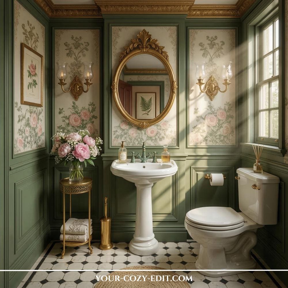 This moody powder room features deep forest green wainscoting on the lower walls paired with a lush botanical wallpaper showcasing large tropical leaves. A sleek white vessel sink with a gold faucet sits atop a warm wood vanity, perfectly reflecting the elegant brass frame of the round mirror above. The sophisticated color palette is enhanced by warm lighting and polished hardware, creating a luxurious and nostalgic atmosphere. This "half-and-half" wall design demonstrates how to balance bold patterns with rich, solid tones for a cohesive, designer look.