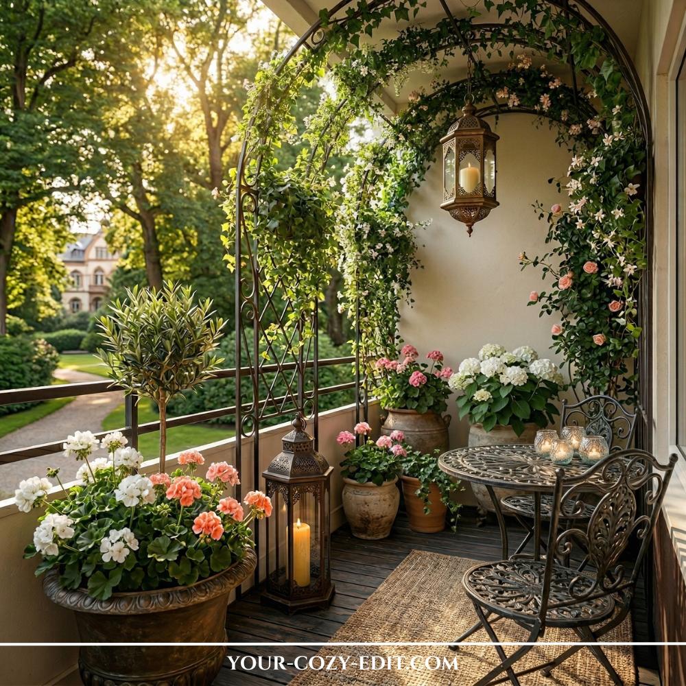 This vertical shot showcases a breathtakingly romantic apartment balcony transformed into a lush secret garden. A dark metal garden arbor arches over the space, overflowing with climbing ivy and delicate pink roses. The floor features a natural woven rug, a vintage-style wrought iron bistro set, and large stone planters filled with vibrant white and coral geraniums. Warm candlelight glows from an ornate hanging Moroccan lantern and a large floor lantern, creating a serene, sun-dappled sanctuary.
