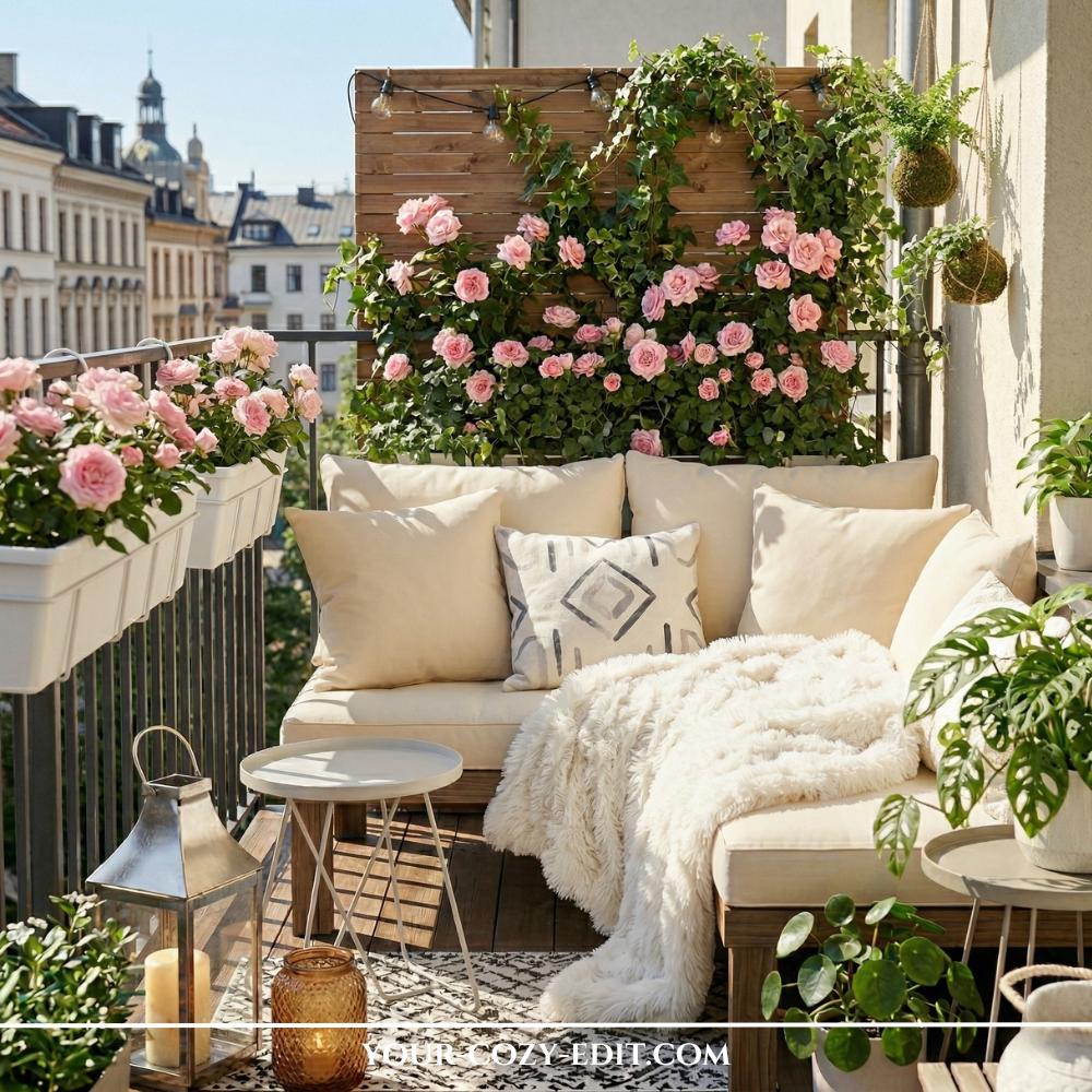 This charming, narrow apartment balcony has been transformed into a cozy urban retreat featuring a lush vertical garden. Delicate pink climbing roses cover a white wooden trellis mounted on a light gray wall, creating a romantic natural backdrop. A small, black wrought-iron bistro set sits on a patterned blue-and-white rug, surrounded by terracotta pots filled with herbs and flowers. String lights are draped along the wall, adding a warm glow as the sun sets over distant city buildings.
